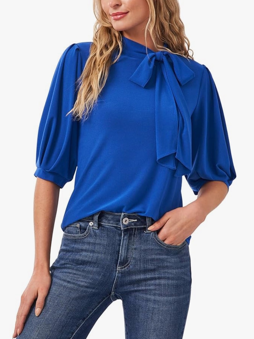CeCe Blue Puff Sleeve Crepe Knit Top with Bow Tie Neck Size Small NWT